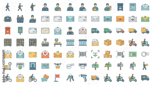 Foto Collection of postal service and delivery icons, including mail carriers, mailboxes, envelopes, packages, and delivery vehicles