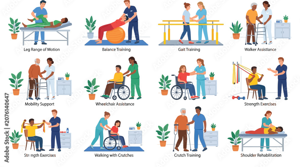 Fototapeta premium Flat vector collection depicting diverse physical therapy exercises performed by professional medical staff and patients