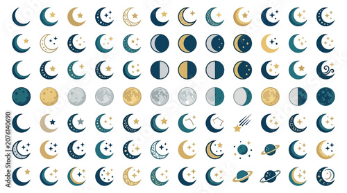 Foto Collection of Moon Phases and Celestial Icons with Stars and Planets