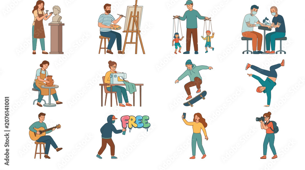 Fototapeta premium Collection of diverse people practicing various creative hobbies and artistic activities in a colorful flat style