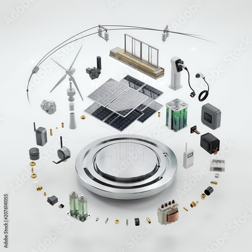 Renewable energy technology components and parts collection on white background
