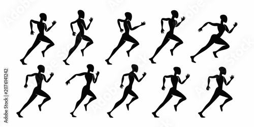 Fotografie Running Person Silhouettes Showing Sequential Poses Against White Background
