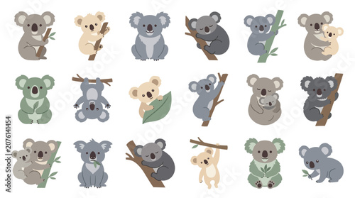 Photography Collection of cute cartoon koalas in various poses, some holding branches and leaves, others with their babies