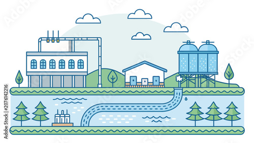 Modern water treatment plant infographic showing clean supply process with industrial facilities and underground infrastructure in a flat vector illustration style