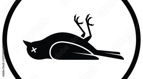 A stark black and white vector illustration of a deceased bird inside a circular frame