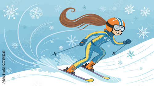 Cheerful young girl skiing down a snowy slope with flurries of snowflakes in a dynamic cartoon illustration featuring a vibrant winter sports mascot character