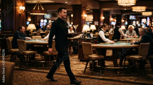 Professional waiter walking through a busy upscale casino gaming floor.