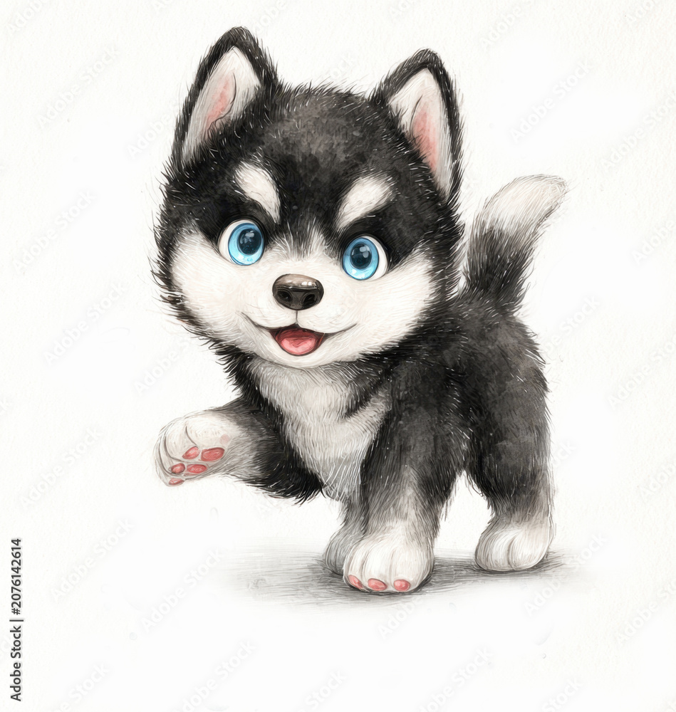 Fototapeta premium Cute watercolor illustration of a fluffy baby husky puppy walking forward with bright blue eyes and a happy smile over a clean white background perfect for greeting cards or nursery wall decor