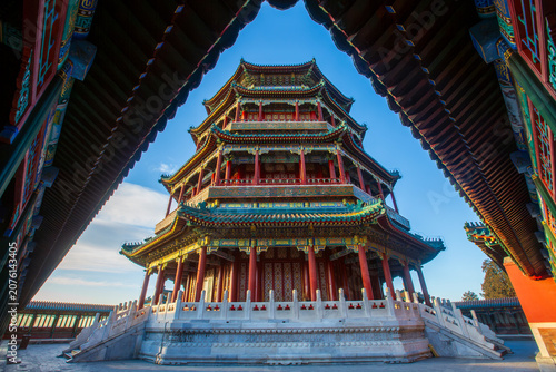 Εκτύπωση καμβά Foxiang Pavilion and painted flying eaves sunrise scenery in the Summer Palace,
