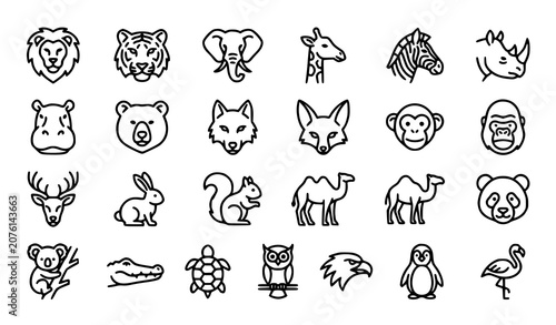 Canvas Print Wild Animal Outline Icon Collection Featuring Lion Tiger Elephant Zebra Giraffe