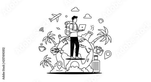 Digital Nomad Working Remotely Around The World Line Art Illustration