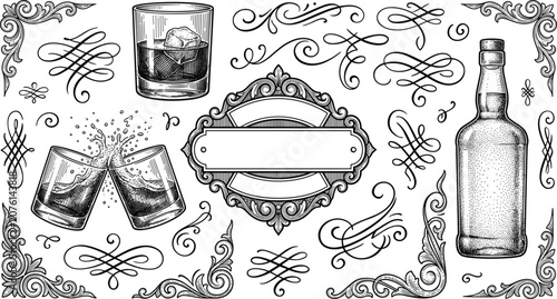 Bild auf Leinwand Vintage Whiskey and Distillery Vector Element Set Featuring Alcohol Bottle Glass