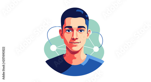 Digital Avatar of Young Man with Network Connection Background