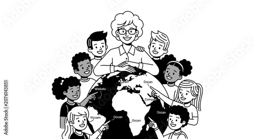 Diverse Children and Teacher Learning Geography with Globe Illustration