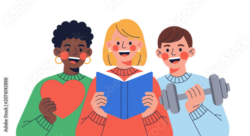 Diverse Friends Engaging in Hobbies Like Reading Exercise and Volunteering