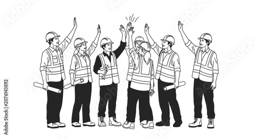 Diverse Construction Team High Five Celebrating Project Success
