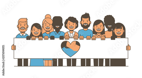 Diverse Group of People Holding a Blank Banner with Heart Icon