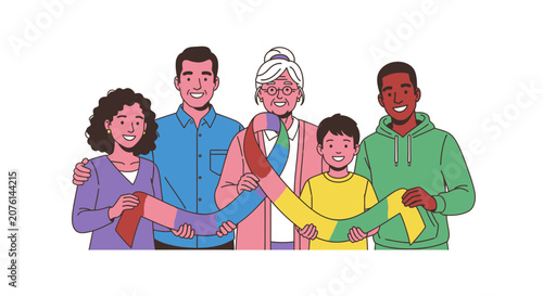 Diverse Multi-Generational Family Holding Colorful Ribbon Together