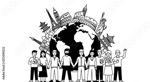 Diverse People Holding Hands Around The World Landmarks Illustration