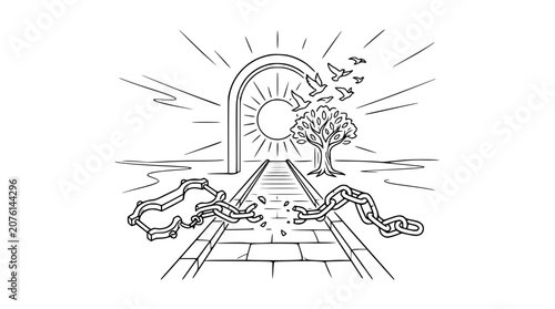 Breaking Chains, Freedom and Hope: Path to Enlightenment with Sun, Birds, and Tree