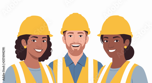 Diverse Team of Construction Workers Wearing Hard Hats and Safety Vests