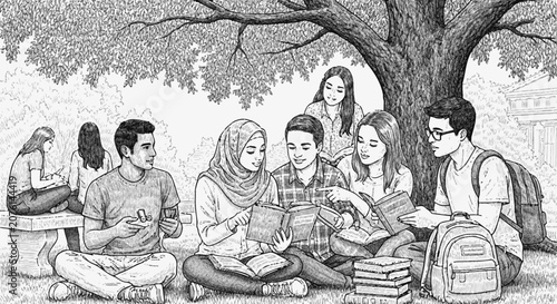Diverse Students Studying Together Under a Tree Sketch