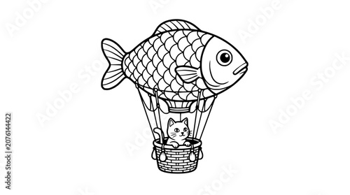 Bild auf Leinwand Cute Cat in a Fish Hot Air Balloon