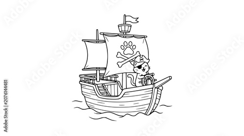Canvastavla Cute cartoon cat pirate sailing a ship with paw print Jolly Roger flag