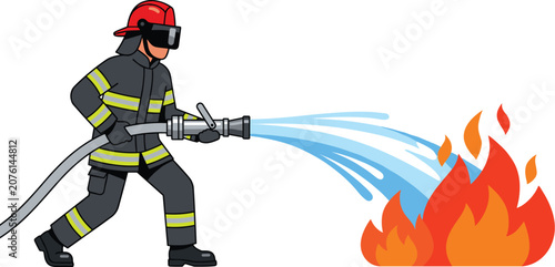 Foto Firefighter spraying water from hose to extinguish a fire vector
