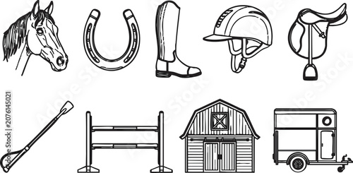 Fotografie Equestrian equipment vector illustration set including horse head, saddle, boots