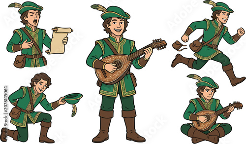 Quadro su tela Medieval Bard and Minstrel Character Vector Set Featuring Troubadour Playing Lut