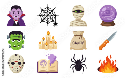 Halloween spooky flat icons collection bundle isolated on white background.