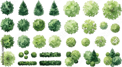 Set of watercolor top view trees and shrubs for landscape architecture design isolated on white background for site plans and garden layouts