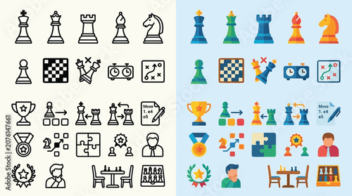 Foto Collection of chess icons and symbols representing strategy, competition, and victory in a flat design style