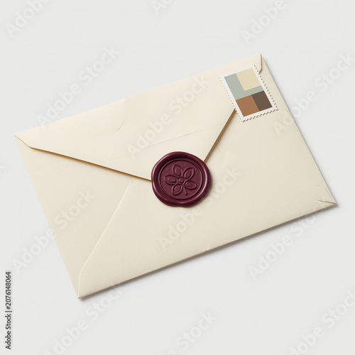 Foto Cream envelope with burgundy wax seal and abstract stamp, angled view, white background, ultra-realistic stationery stock photo