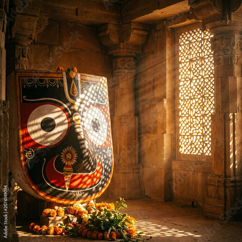 Lord Jagannath Face in Ancient Stone Temple with Sunbeam