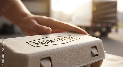 Close-up of Hand Holding Farm Fresh Egg Carton with Delivery Truck in Background
