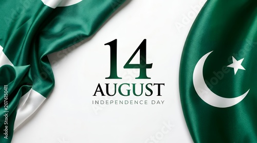 Pakistan independence day celebration background, 14 August national holiday banner, green silk flag with crescent moon and star on white