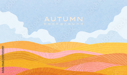 Autumn rural landscape with hills and agricultural fields. Beautiful fall panorama view, minimal design with sky,cloud, hills,fields, nature landscape. Agriculture and farming concept. Textured vector