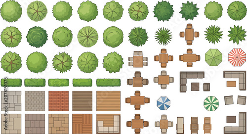Top view landscape design elements set including trees, patio furniture, outdoor seating, umbrellas, and paving textures for architectural site planning and drafting