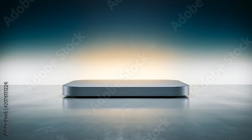 Futuristic metallic pedestal on reflective floor, empty silver podium for product display, modern studio background with dramatic lighting