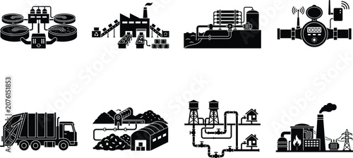Industrial infrastructure and public utilities black silhouette icon set representing water treatment waste management and power generation