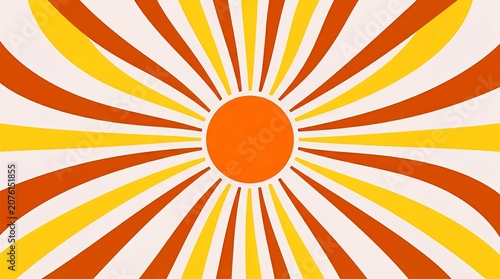 Retro 70s sunburst background, vintage orange and yellow sun rays pattern, psychedelic groovy vector style backdrop for summer designs