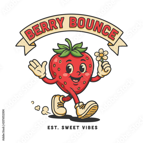 Cute Strawberry Mascot Berry Bounce Typography Design.