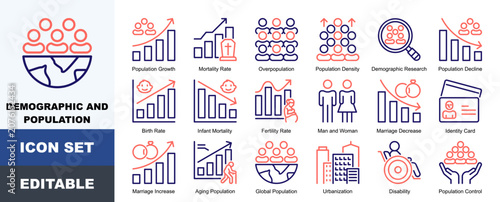 Bild auf Leinwand Demographic And Population Icon Pack Featuring Population Growth, Mortality Rate