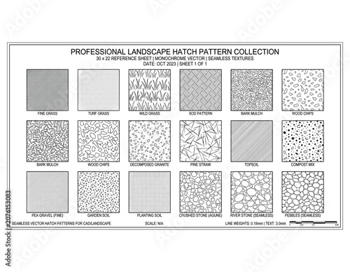 Foto Professional landscape hatch pattern collection, 18 monochrome vector seamless t