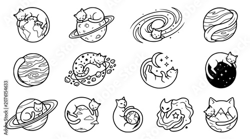 Obraz na plátně Cute Cats Sleeping on Planets and in Space - Whimsical Cosmic Collection