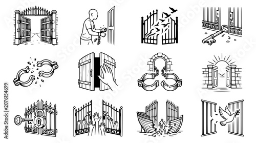 Photos Freedom and Opportunity: Open Gates, Keys, and Breaking Chains - Vector Icons