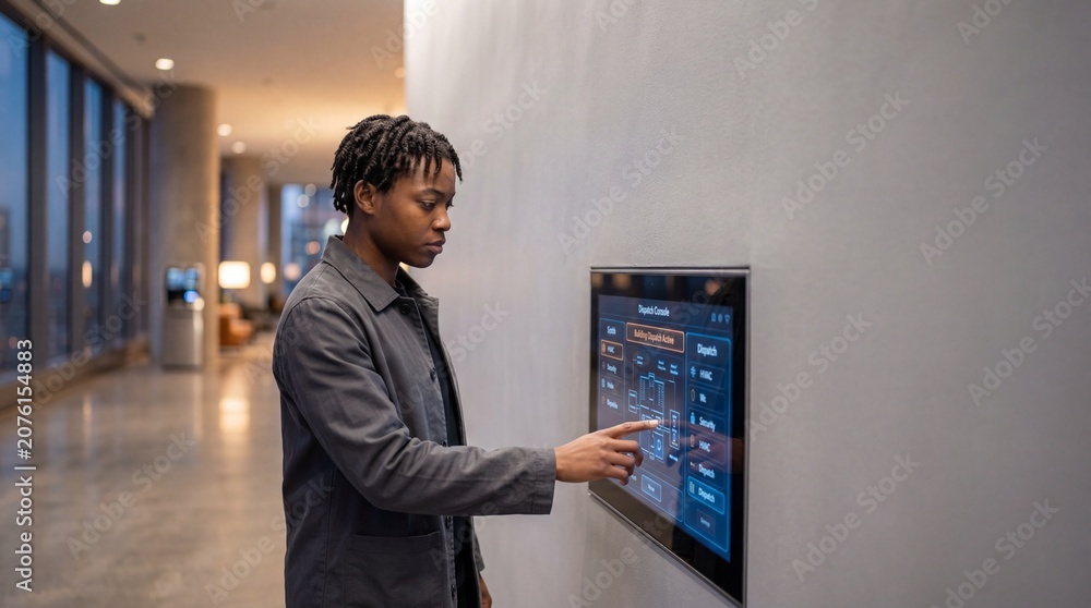 Fototapeta premium In a sleek, modern space, a young man interacts thoughtfully with a touch screen interface, exploring options and information, while city lights shimmer through expansive windows behind him.
