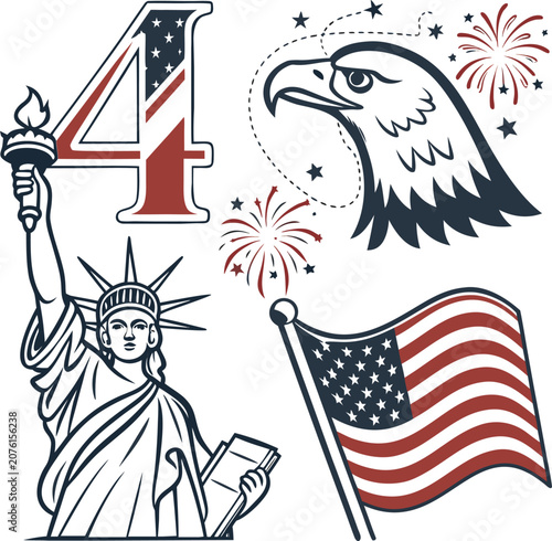Web USA Independence Day 4th of July Patriotic Icons Set – American Flag, Bald Eagle, Statue of Liberty, Fireworks and Number Four Vector Collection